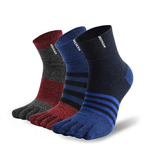 Men's Cotton Toe Socks 5-Finger Compression Crew No Show Athletic Socks - 4 Pairs (Size 7-11) Classic Stripe-02