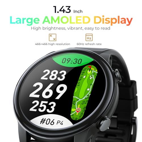 SILLAID Black Golf GPS Watch with 1.43" AMOLED Touchscreen, 40,000+ Courses, Slope Mode & Hazard Distances