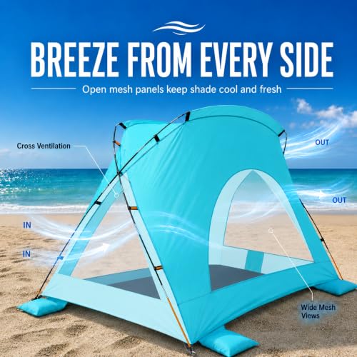 Etto Portable Sun Shelter Beach Tent - 4 Person Turquoise Ocean UPF 50+ Waterproof Canopy