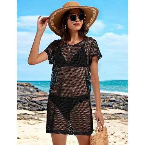 CHICGAL Womens Bathing Cover Ups Knit Bikini Short Sleeve Swimsuit Coverup Summer Swimwear Hollow Out Beach Dress