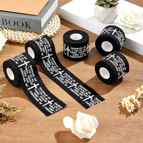 5Pcs Christian Athletic Tapes 2in x 23ft Black Cotton Zinc Oxide Sport Tape Faith Cross Sports Wristbands Religious Bible Verse Wrist Tape for Football Baseball Gymnastic Boxing First Aid Injury Wrap