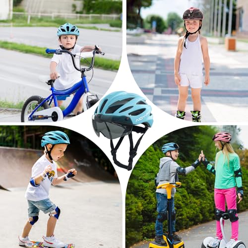 Kids Bike Helmet with Goggles - Adjustable Youth Cycling Helmet for Boys & Girls, Blue, M (51-58cm)