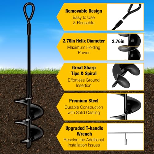 Heavy Duty Ground Anchors Screw-In 18 Inch - Black Round Head, 8 Pack with Straps