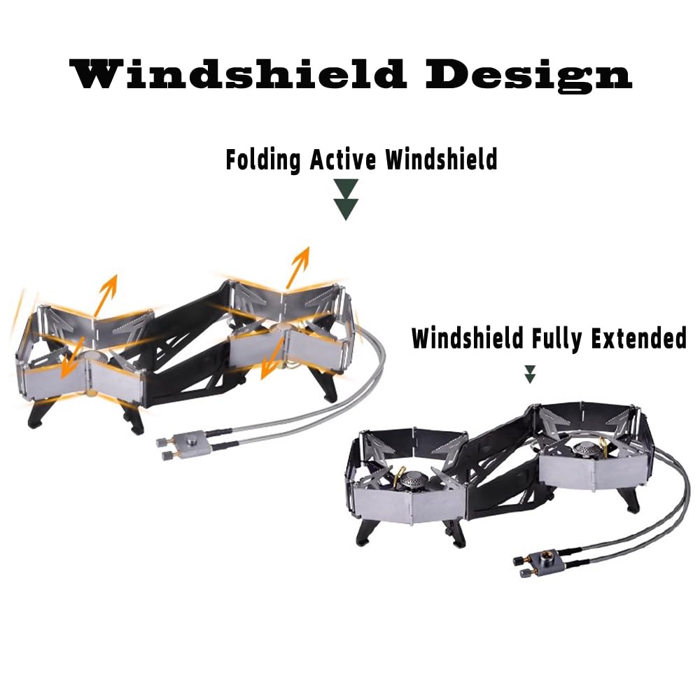 Foldable Dual Head Burner Camping Stove,BRS-32 Portable Windproof Backpacking Furnace Free Adjustable Control Gas Stove for Outdoor Cooking