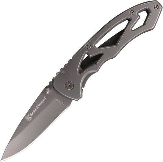 Smith & Wesson High Carbon S.S. Folding Knife with Drop Point Blade and Stainless Steel Handle for Outdoor, Tactical, Survival and EDC