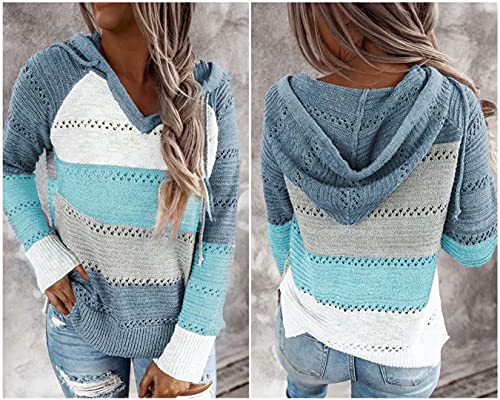 Women's Striped Crochet Fall Hoodie Sweater Large Blue Casual Knitwear