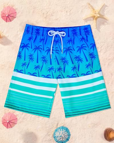 Boys Rash Guard and Swim Trunks Outfit Set - Blue Coconut Tree, 12-14 Years
