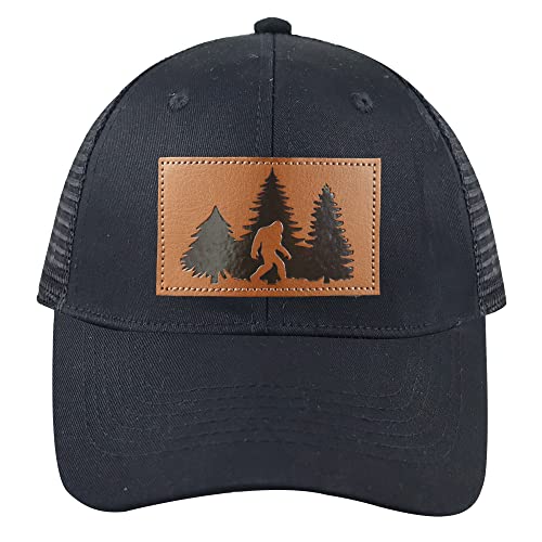Bigfoot Leather Trucker Hat - Embroidered Adjustable Mesh Cap Black One Size