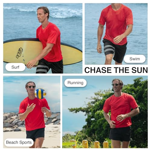 Men's UPF 50+ Short Sleeve Swim Shirt - Red, Medium Rash Guard