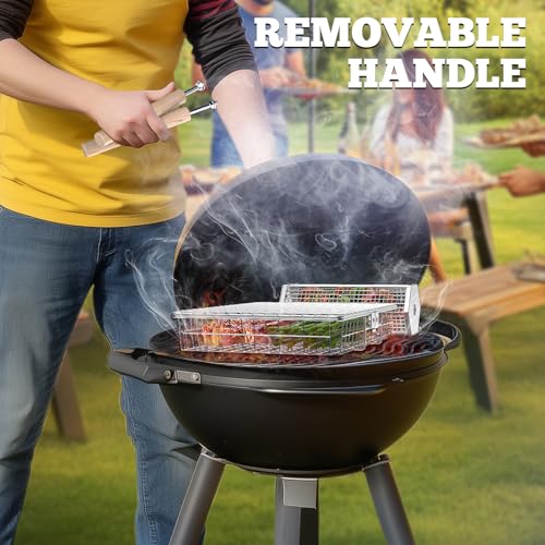 BBQ Grill Basket Set with Removable Wooden Handle, Stainless Steel Outdoor Cooking Accessories