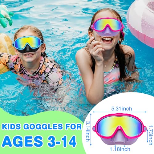 Kids Swim Goggles with Nose Cover 2-Pack Mirrored Blue & Purple Anti-Fog UV