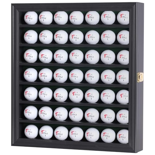 Golf Ball Display Cabinet Wall Mount with Lockable Door & Green Felt Background - Holds 49 Balls