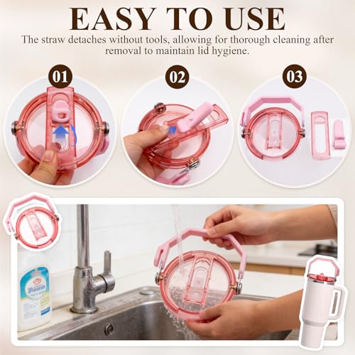 Pink Flip Straw Lid with Handle for 40oz Stanley Quencher Tumbler Replacement Accessory
