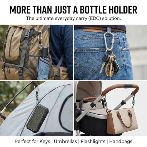Black Paracord Water Bottle Carrier with Locking Carabiner - Hiking & Outdoor