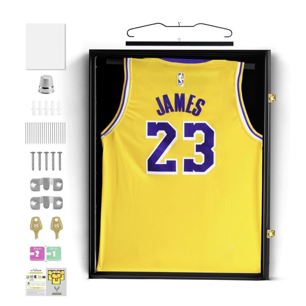 Jersey Frame Display Case, NETGOG 23.6x31.5-in Large Jersey Frame Shadow Box Lockable with UV Protection Acrylic and Hanger for Collection Baseball Basketball Football Hockey Sport Shirt Black