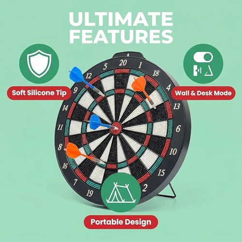 Portable Soft Tip Dartboard Set with Metal Stand - Indoor & Outdoor Play, Pets Friendly