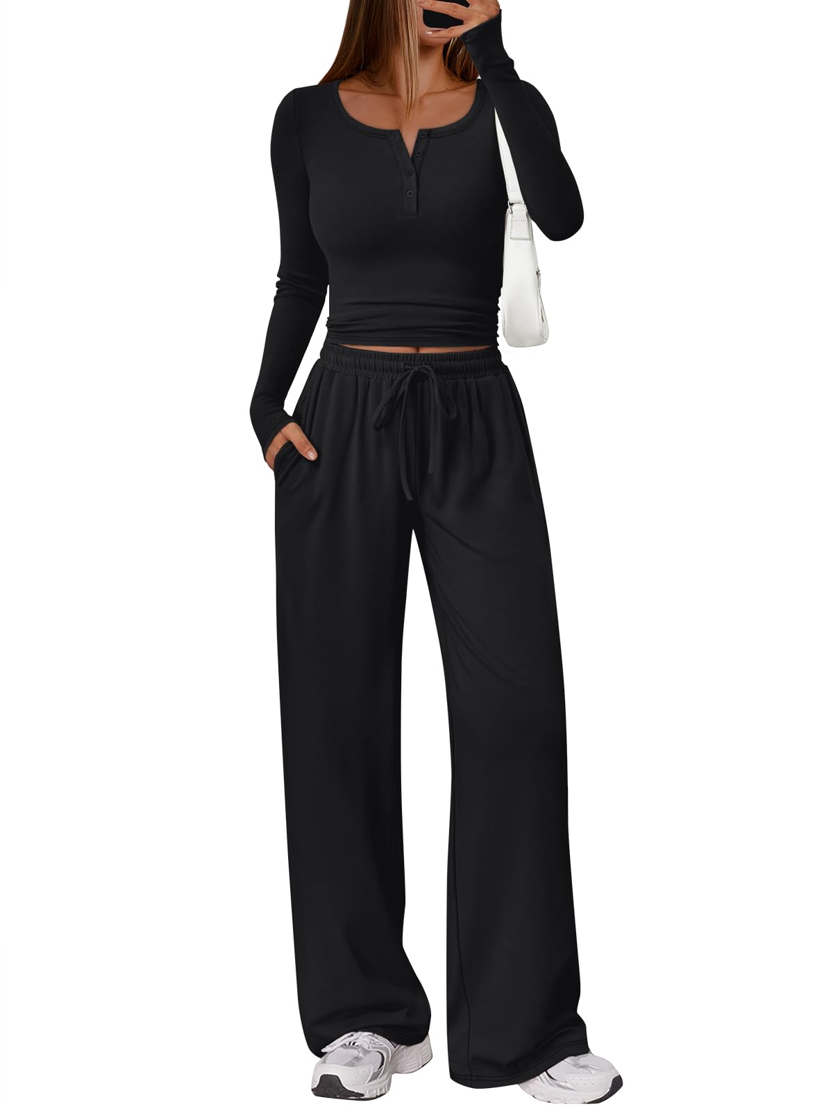 Trendy Queen Women's 2 Two Piece Matching Lounge Sets 2026 Airport Travel Fall Fashion Outfits Crop Top Wide Leg Pants Sweat Suits Workout Gym Y2k Clothes Casual Sweatsuit Loungewear Winter Clothing