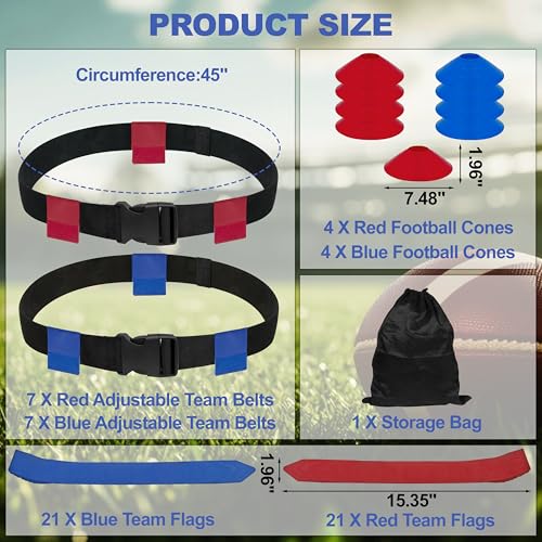 Flag Football Belts Set with 42 Flags, 8 Practice Cones & Carry Bag - 14 Player Adjustable