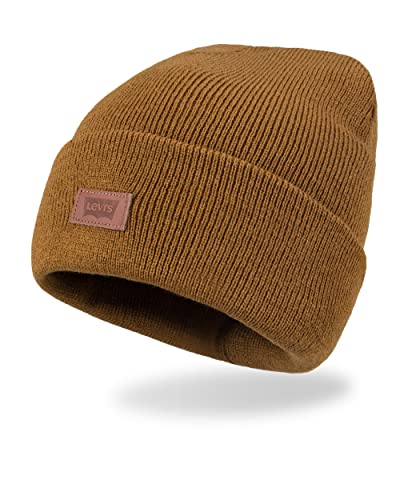 Levi's Mens All-Season Hero Beanie Hat - One Size Tan Solid Warm Knit Cuffed