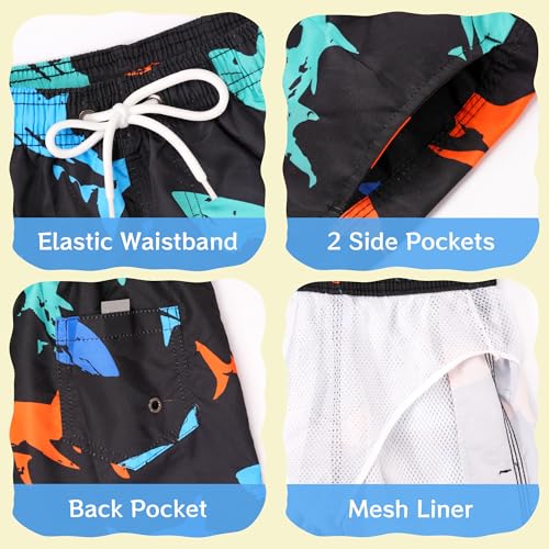 Toddler Boys Swim Trunks 3-14 Years Black Shark Pattern, 7-8 Years