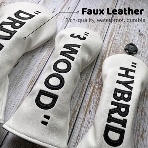 PU Leather Hybrid Golf Headcover - White with Black Embroidery, 1pc