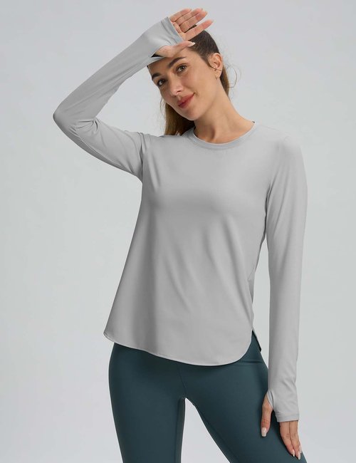 Long Sleeve Workout Tops for Women Athletic Running Shirts Active T Shirts Quick Dry Lightweight Grey M