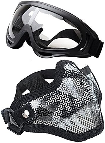 Airsoft Mask and Goggles - Airsoft Half Lower Face Mask Steel Metal Mesh for BB Gun/CS Game/Paintball/Shooting/Cosplay - Anti-UV Adjustable Combat Tactical Military Goggles for Men Women Kids