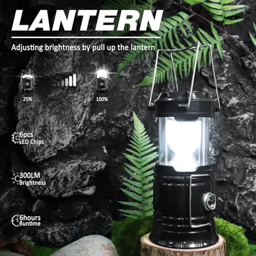 DIBMS 2-Pack Solar Camping Lantern & Emergency Flashlight - Black, Collapsible & Rechargeable