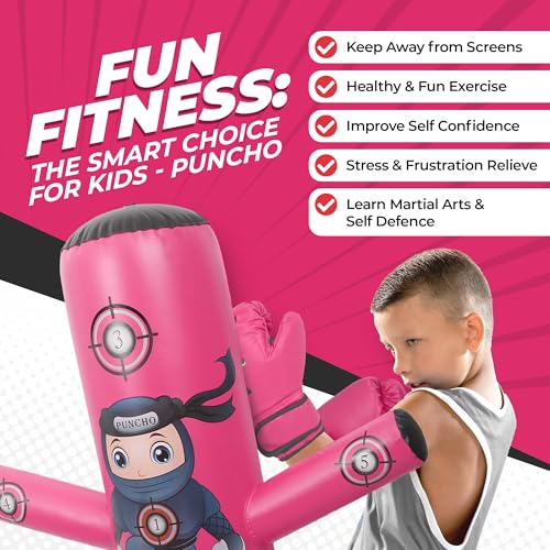 Pink Kids Punching Bag with Boxing Gloves and Pump - Gift Set for Ages 3-12
