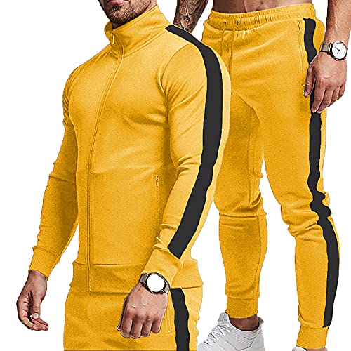 Men's Track Suit 2-Piece Full Zip Jogging Set Yellow+Black Medium