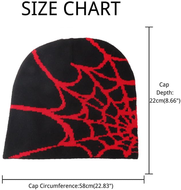 Y2K Beanie Hat with Gothic Spider Pattern - Wool & Acrylic Knitted Cap for Men & Women - Black & Red, One Size