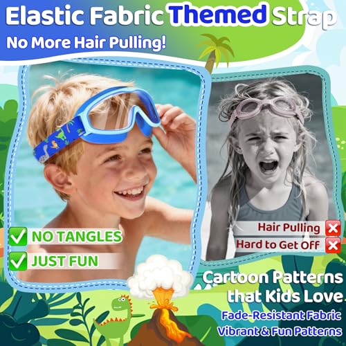 Kids Swim Goggles with Fabric Strap Anti-Fog - Dinosaur Green & Blue