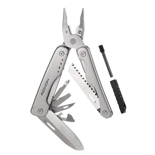 ROXON S803E Elite Flash Multitool with 20 functions including strong pliers, Flint Rod, full-size lockable blades for Outdoor Essential Survival Tool (D2 Blade)