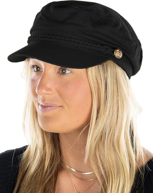 Funky Junque Women's 100% Cotton Greek Fisherman Hat Adjustable Newsboy Beret Cap Black One Size - Black