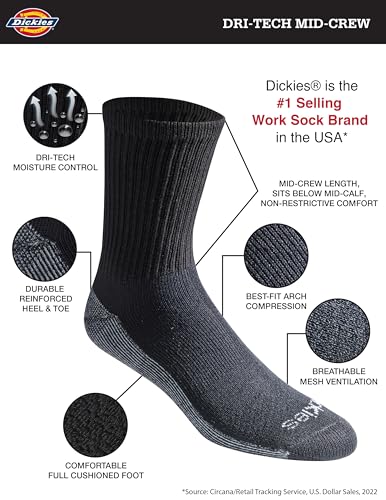 Men's Dri-Tech Mid-Crew Moisture Control Socks Large Black 6 Pairs