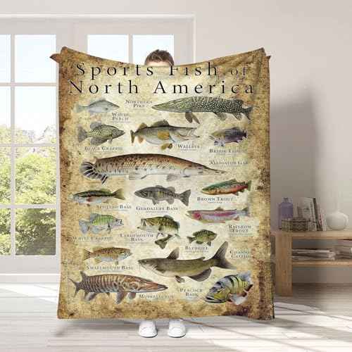 Fishing Enthusiast Blanket - Sports Fish of North America, Fish Knowledge, Unique Fisherman Gifts for Boys, Dad, Grandpa (40in*60in)