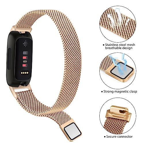 Rose Gold Metal Mesh Watch Band Compatible with Fitbit Inspire 3 & 2, Adjustable Strap