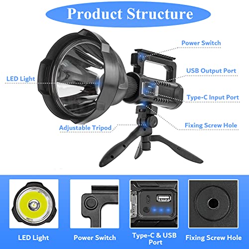 Rechargeable 3,000,000 Lumens Spotlight with 1500M Range, IPX5 Waterproof, Multi-Mode, Tripod
