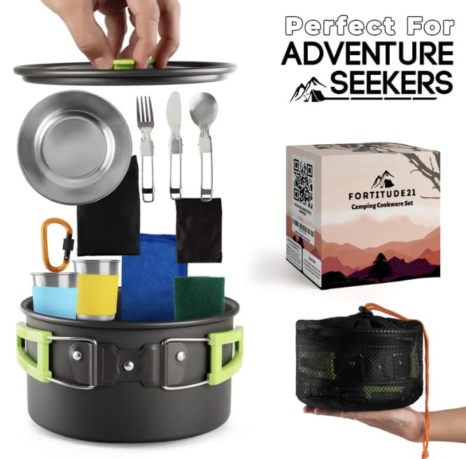 Fortitude21 Camping Cookware Set - 19-Piece Lightweight Backpacking Cookware with Pots, Pans, Utensils - Compact Outdoor Cooking Kit for Camping, Hiking, Backpacking & Survival