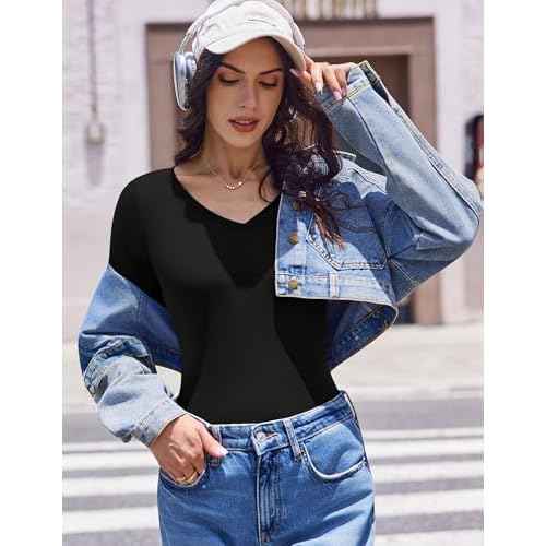 Ekouaer Womens 3 Pack Long Sleeve Shirts V Neck Ribbed Slim Fit Basic Tops Thermal Undershirts Casual Tee XS-XXL
