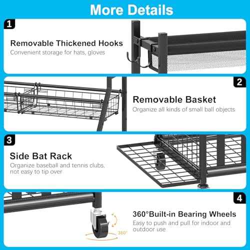Garage Sports Equipment Organizer,Sports Ball Organizer with Wheels,Basket,Ball Organizer with Baseball Bat Rack and HooksToy Storage Rolling Cart-Black