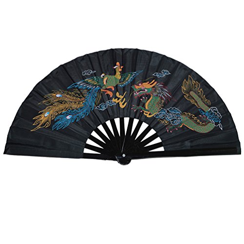 Chinese Kung Fu Tai Chi Fan with Dragon & Phoenix Design - Black Background, Folding Bamboo & Satin Performance Fan (Variation of Dragon And Phoenix Black Background)