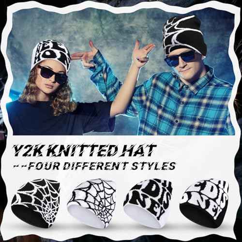 Ramede 4 Pcs Y2k Beanie - Double Sided Graphic Beanies for Men and Women, Acrylic Knitted Y2k Hats Accessories