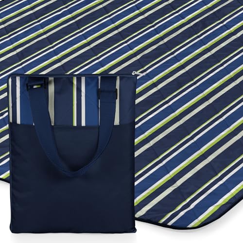 Outdoor Picnic Blanket & Tote - Navy/Lime Stripes, 59x51 Inches