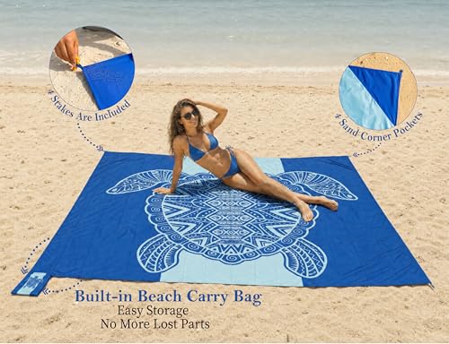 Blue Sea Turtle Beach Blanket Waterproof Sandproof with Stakes & Carry Bag