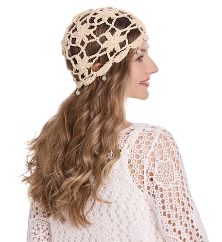 Women Cotton Crochet Skull Cap Beanie Hat - One Size Beige Beads Variation