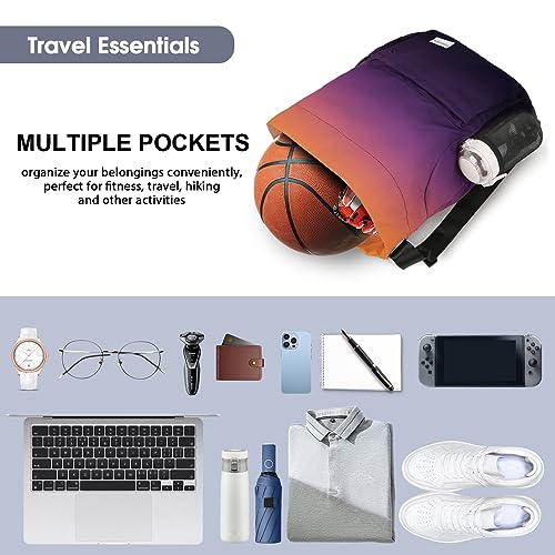 Water-Resistant Drawstring Gym Backpack with Mesh Pockets - Orange Purple