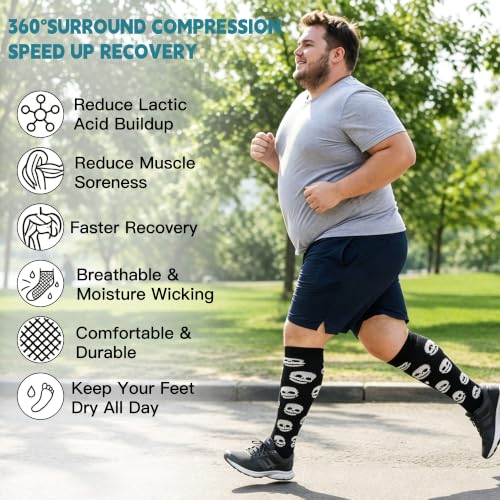 Wide Calf Compression Socks for Women & Men 20-30 mmHg Knee High 3/4 Pairs Skull Variation