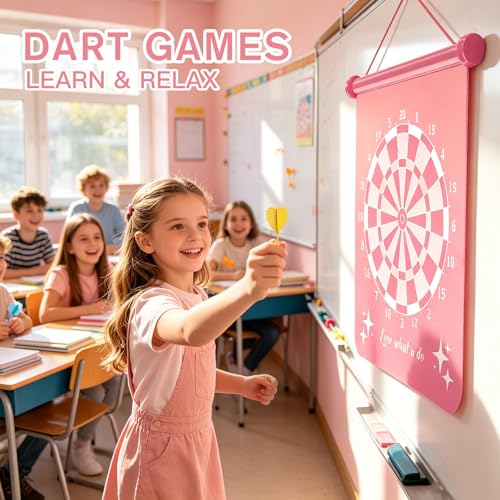 Pink Magnetic Dart Board for Teen Girls - Outdoor Indoor Game with 12 Darts