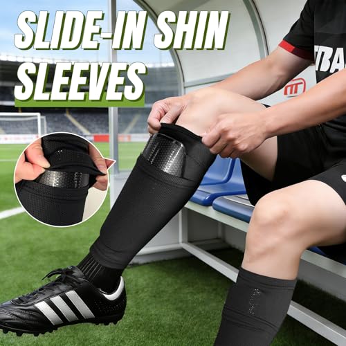 Large Soccer Shin Guards for Kids and Adults with Sleeves & Socks - Youth & Teen Protection